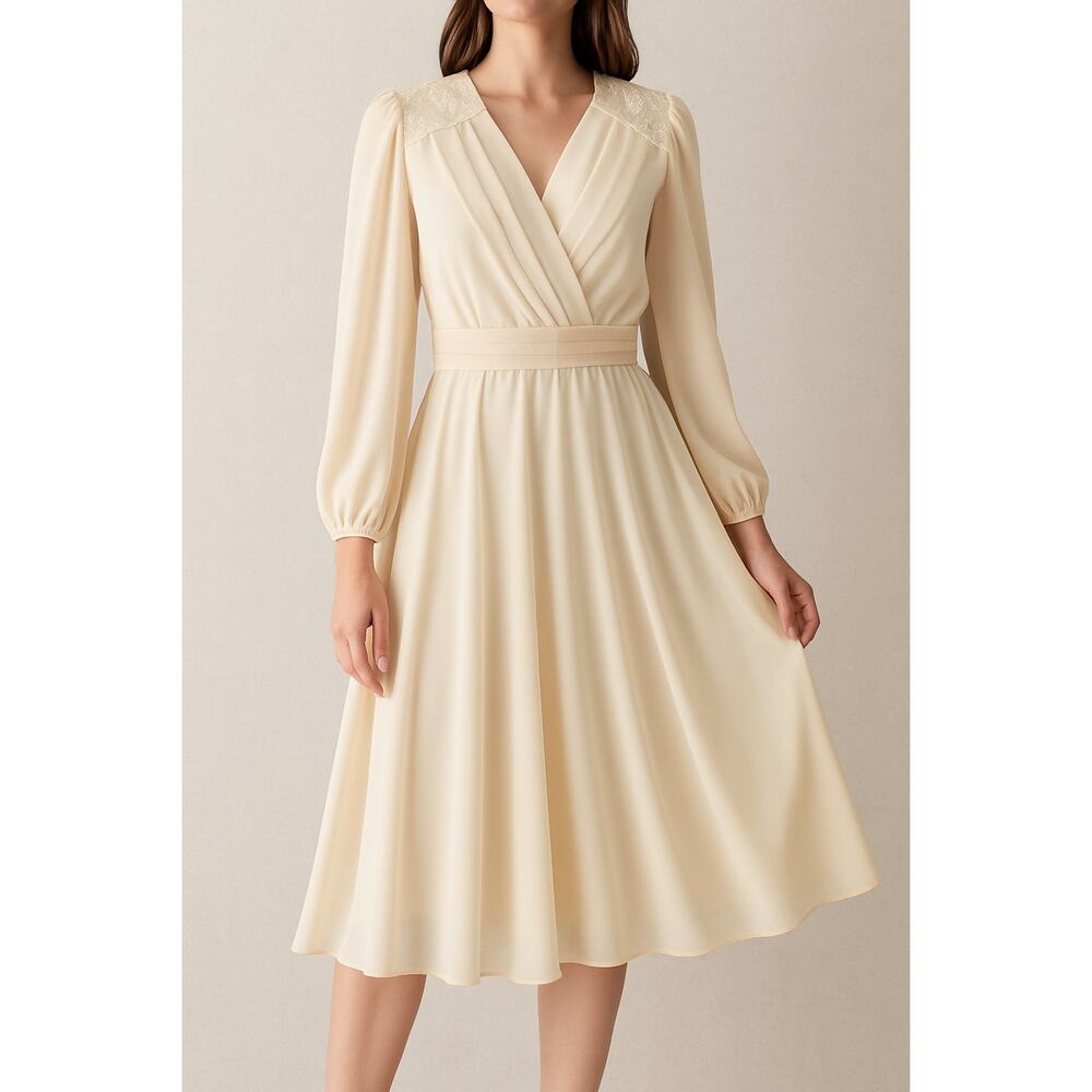 Lizzy & Johnny by Lucero‎ Cream Midi Dress Vintage Pleated Surplice Belted M